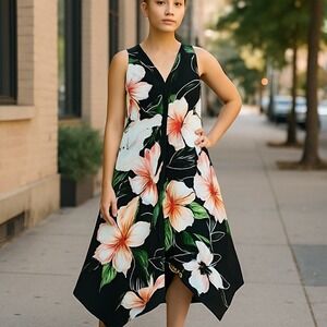 Joseph Ribkoff Floral Dress Sleeveless V Neck‎ Black White Orange Size